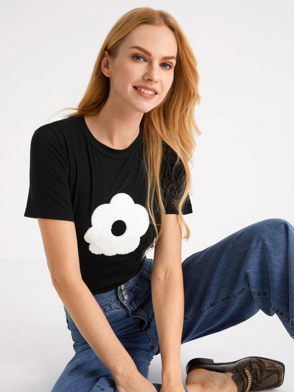 Eenvoudig Gebloemd Skinny T-Shirt Met Ronde Hals Korte Mouwen