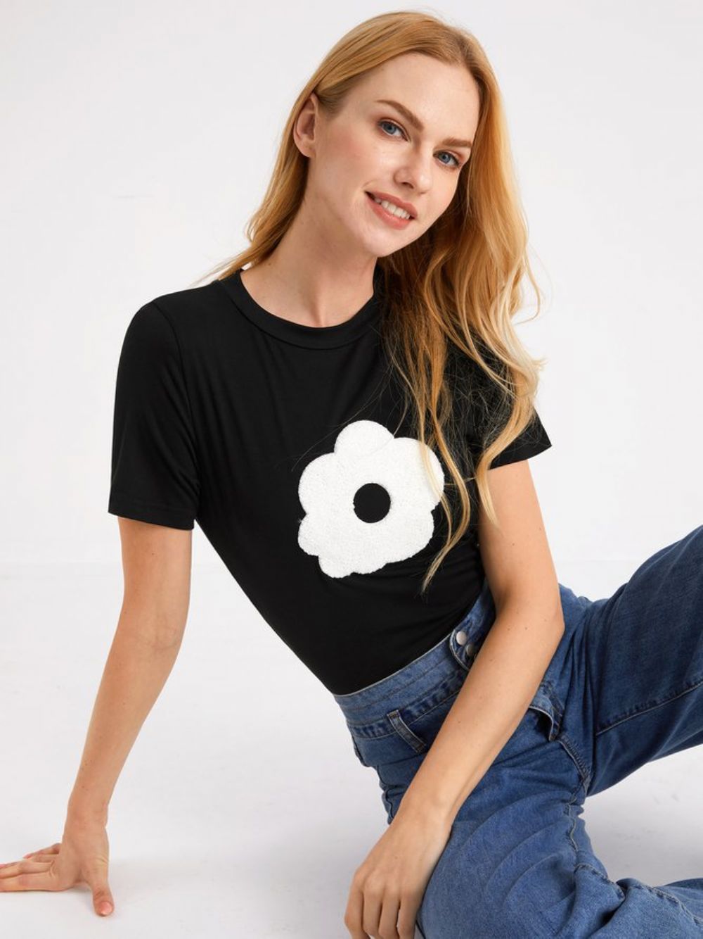 Eenvoudig Gebloemd Skinny T-Shirt Met Ronde Hals Korte Mouwen