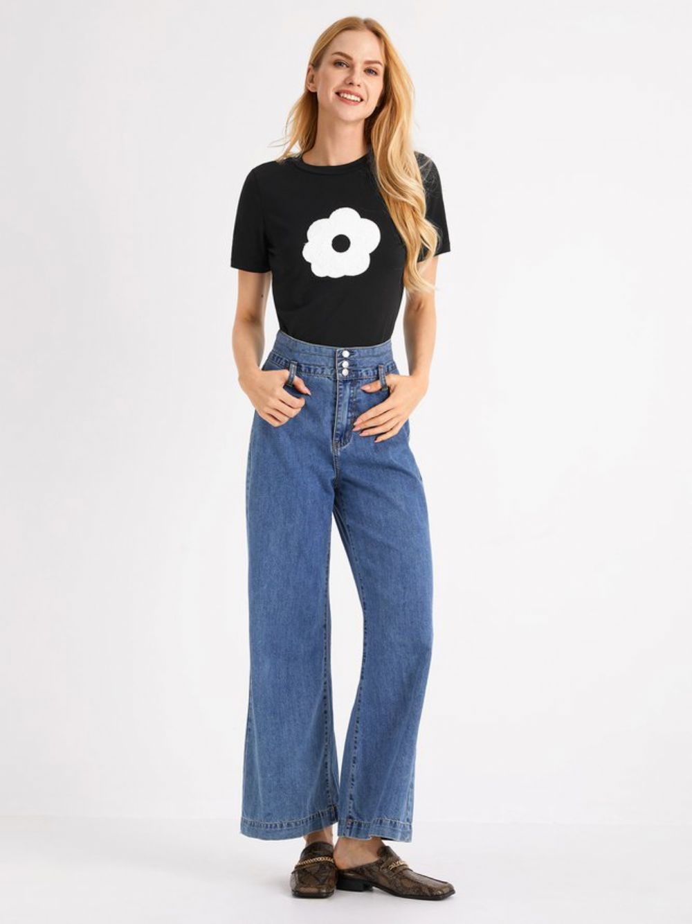 Eenvoudig Gebloemd Skinny T-Shirt Met Ronde Hals Korte Mouwen