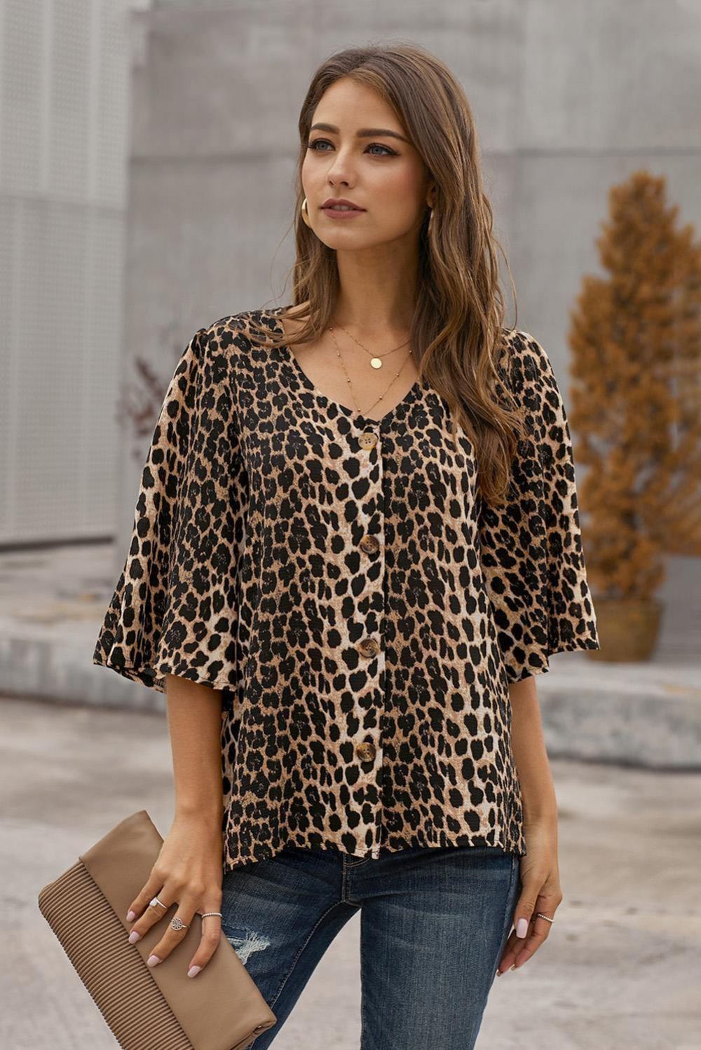 Button-Down Blouse Met Luipaardprint