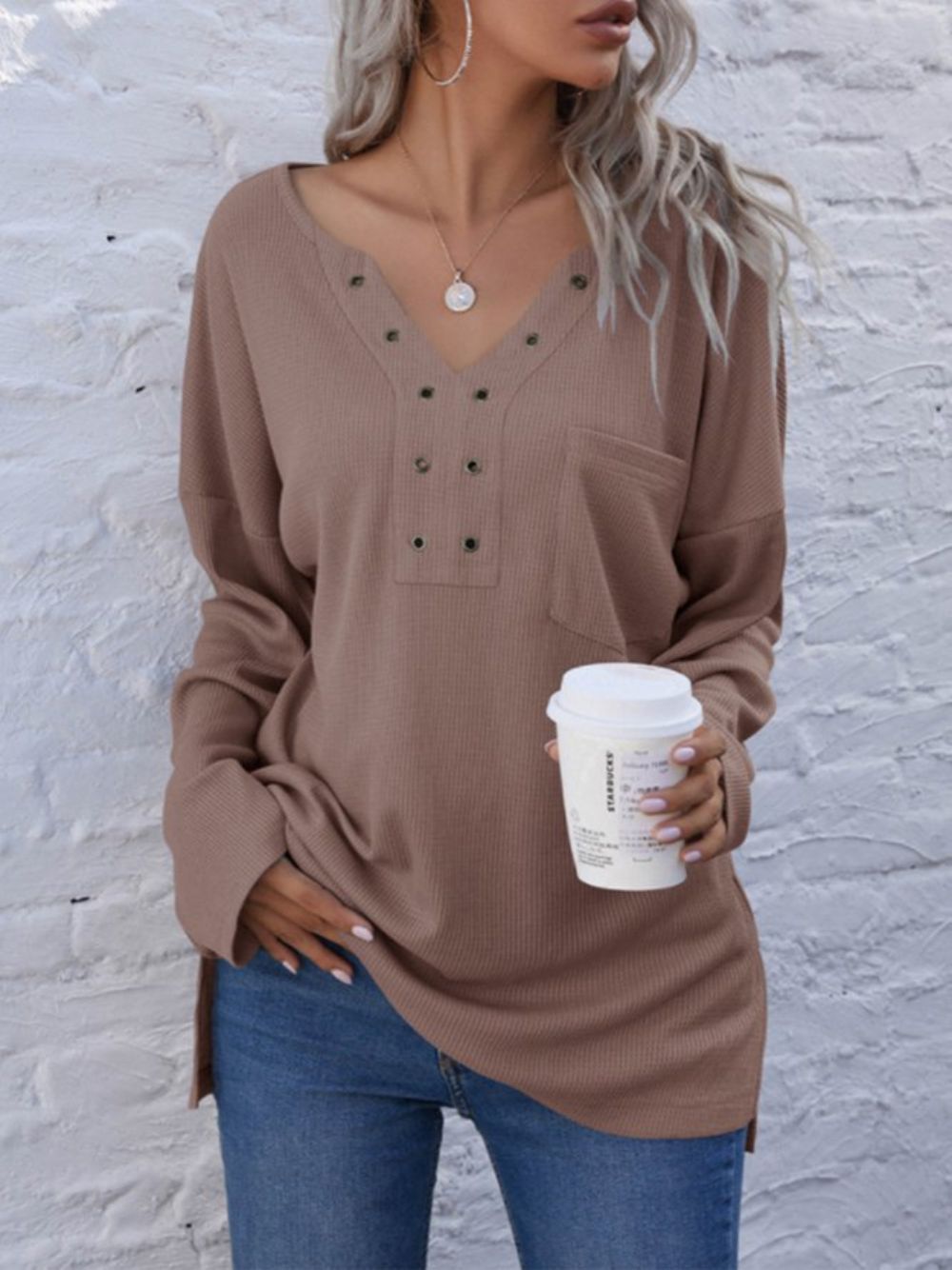 Casual Top Met V-Hals Lange Mouwen