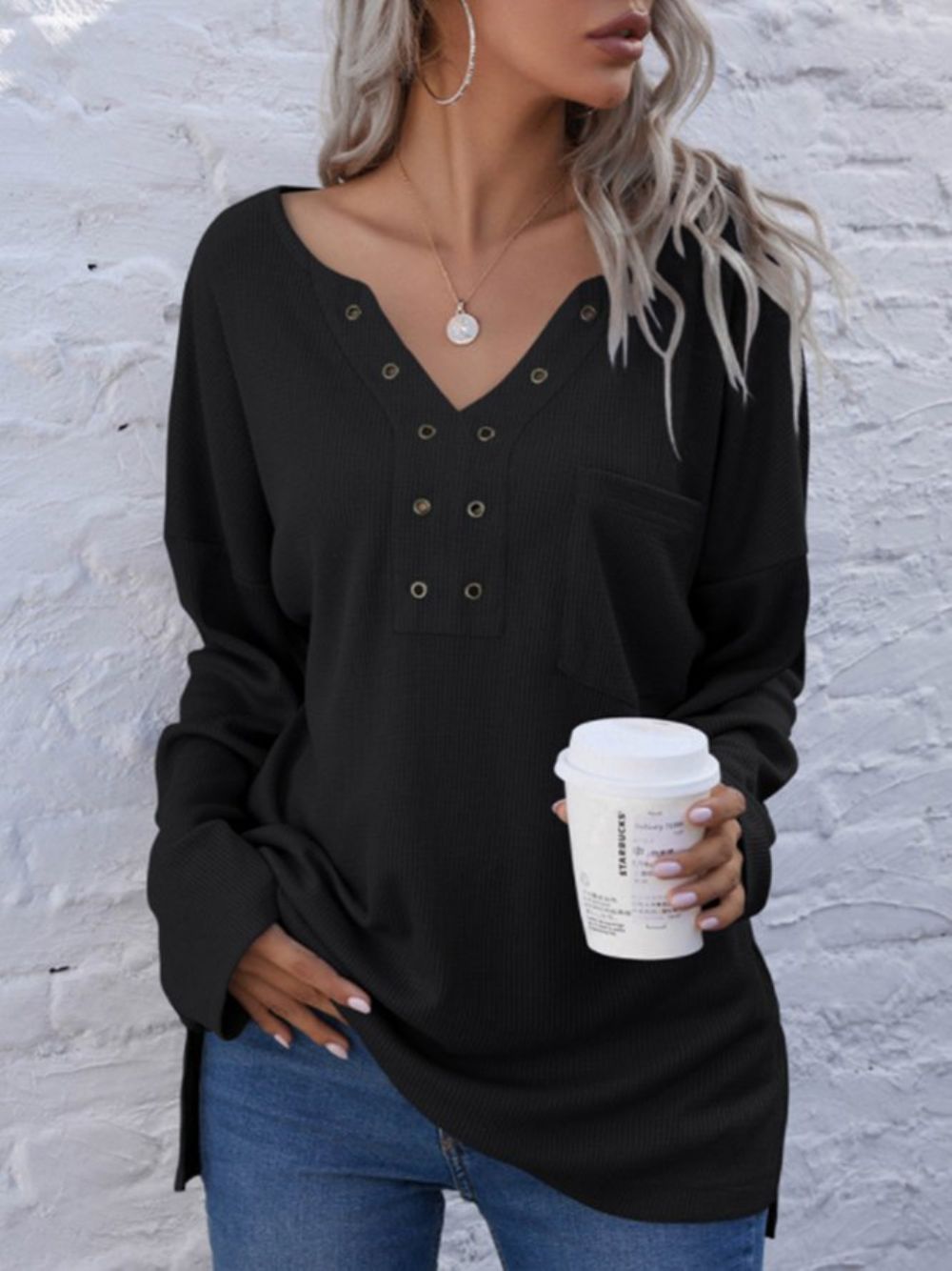 Casual Top Met V-Hals Lange Mouwen