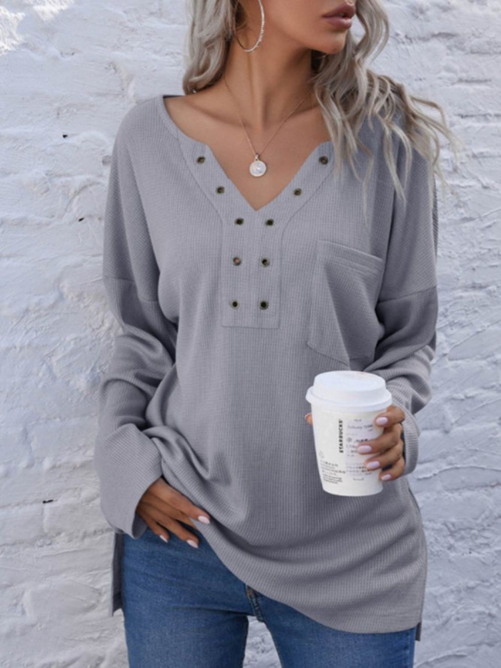 Casual Top Met V-Hals Lange Mouwen