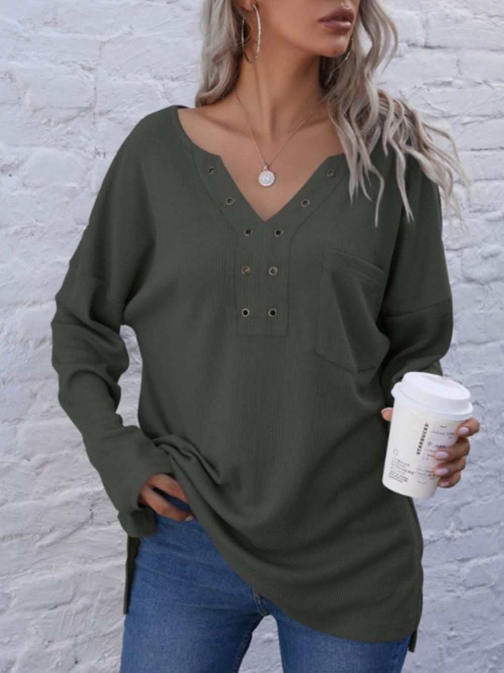 Casual Top Met V-Hals Lange Mouwen