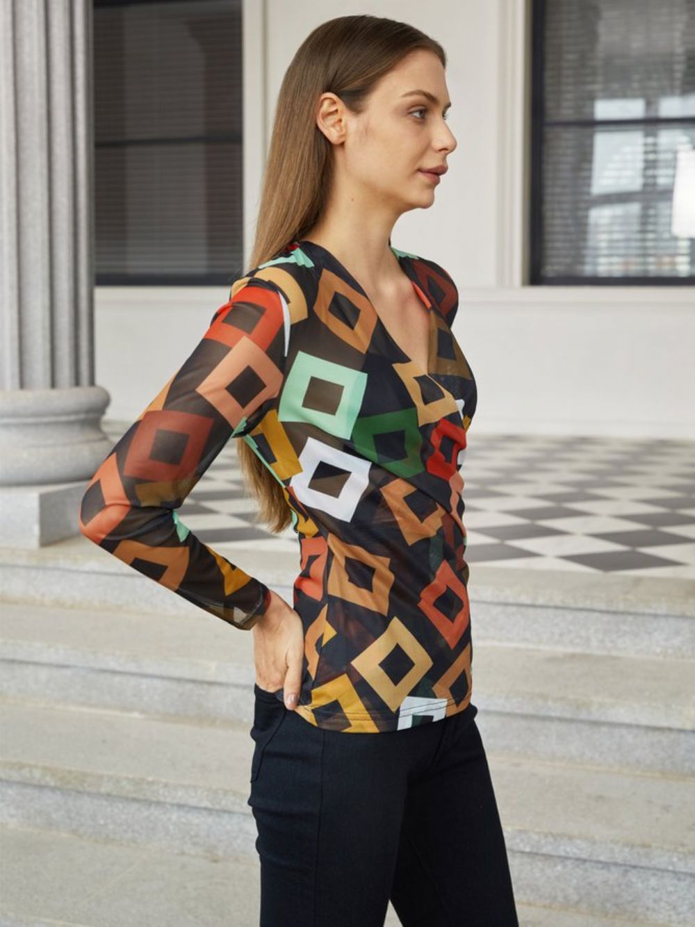 Daily Regular Fit Geometrische Top Met Lange Mouwen