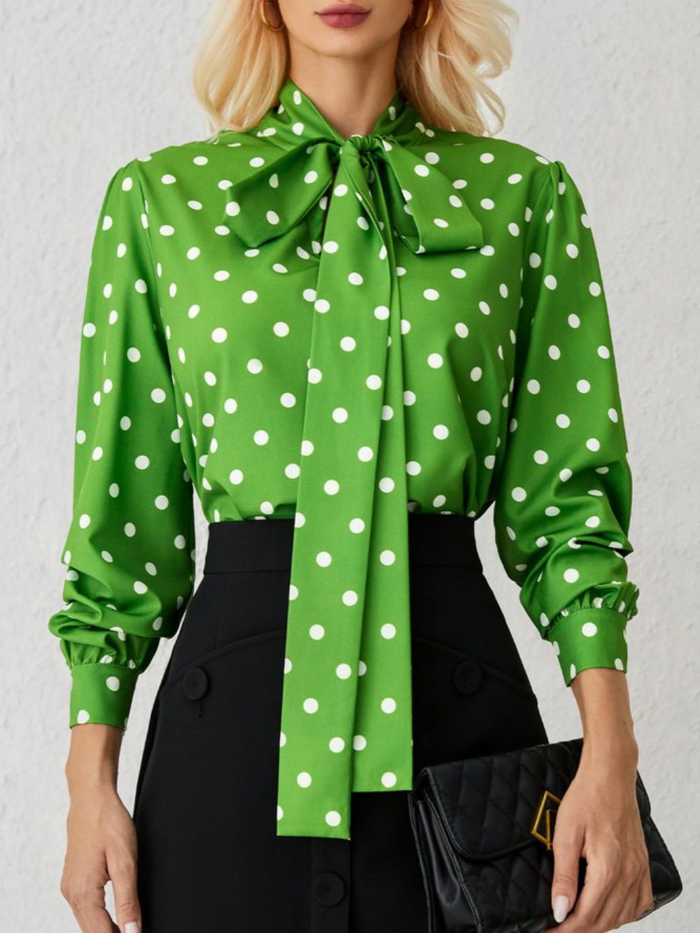 Groene Losse Stippenlange Mouw Elegante Stand H-Lijn Kraag Tops