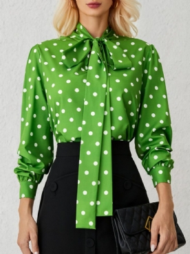 Groene Losse Stippenlange Mouw Elegante Stand H-Lijn Kraag Tops