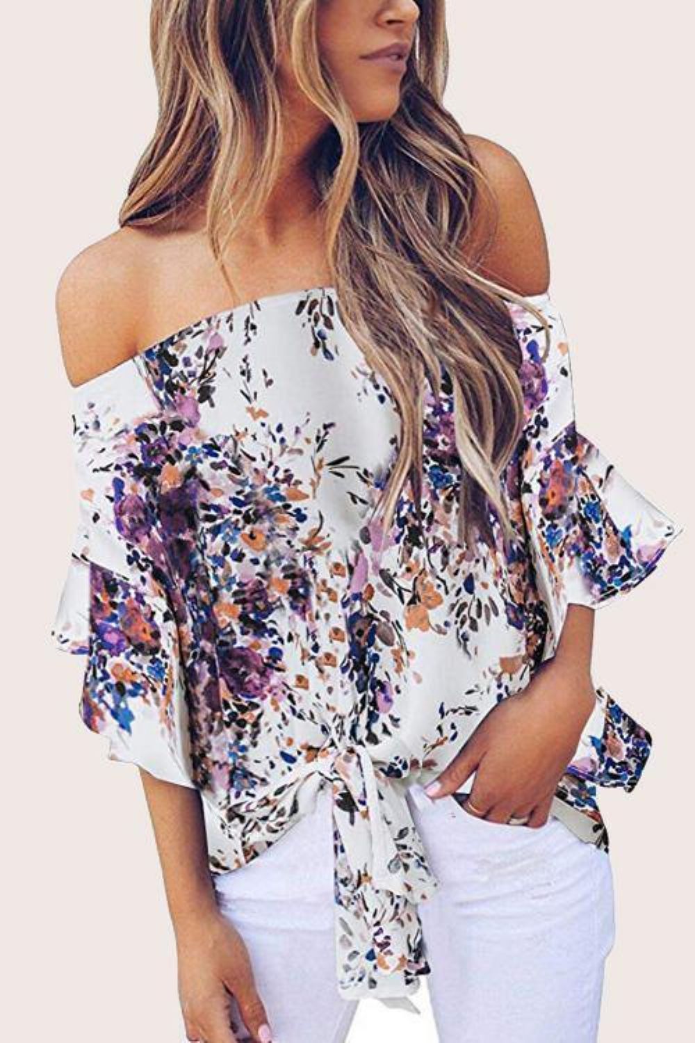 Off-Shoulder Blouse Van Chiffon Met Bloemenstrik Aan De Voorkant