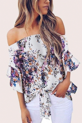 Off-Shoulder Blouse Van Chiffon Met Bloemenstrik Aan De Voorkant