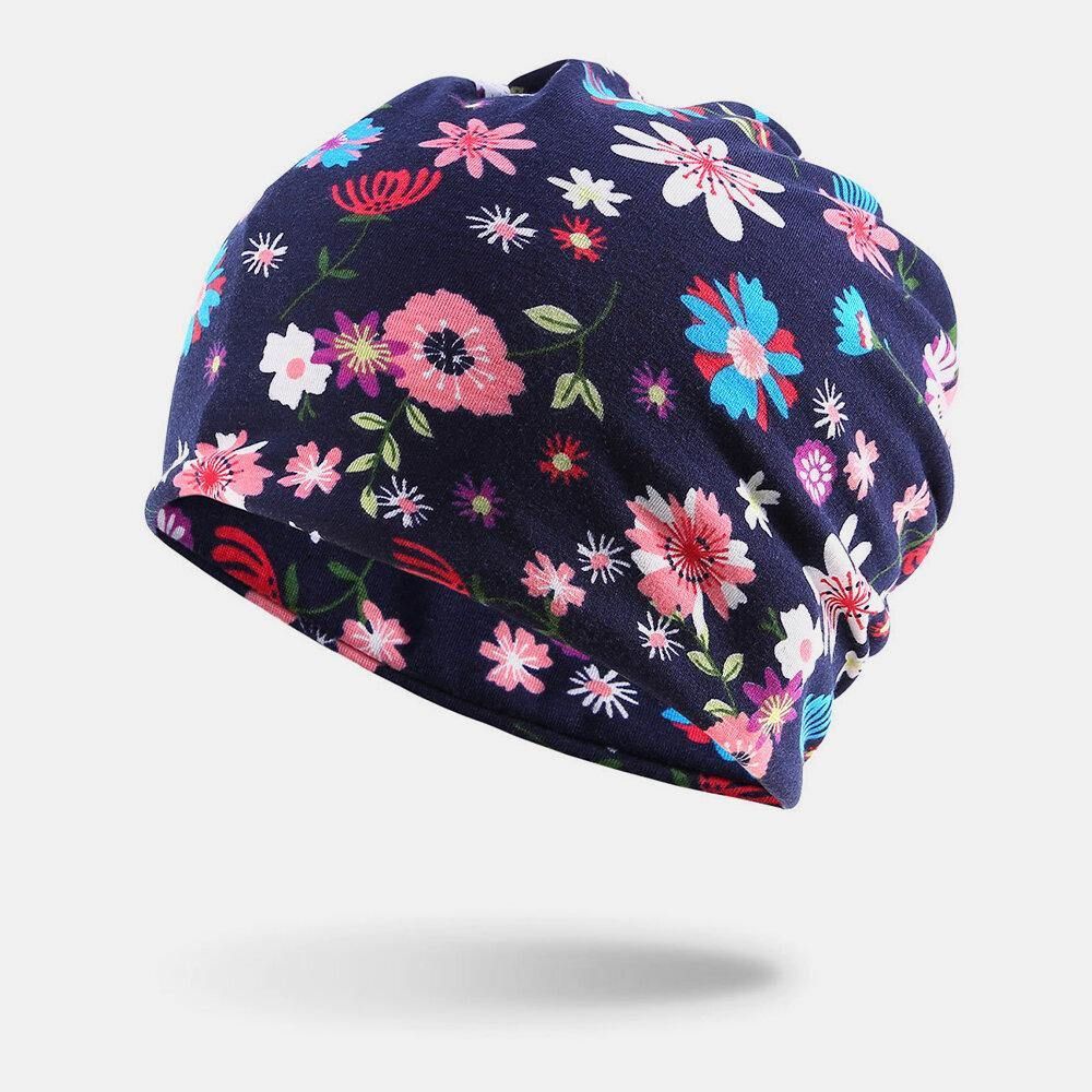 Dames Katoen Gekleurde Bloemenprint Patroon Casual Outdoor Dual-Use Nekbescherming Brimless Beanie