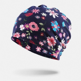 Dames Katoen Gekleurde Bloemenprint Patroon Casual Outdoor Dual-Use Nekbescherming Brimless Beanie