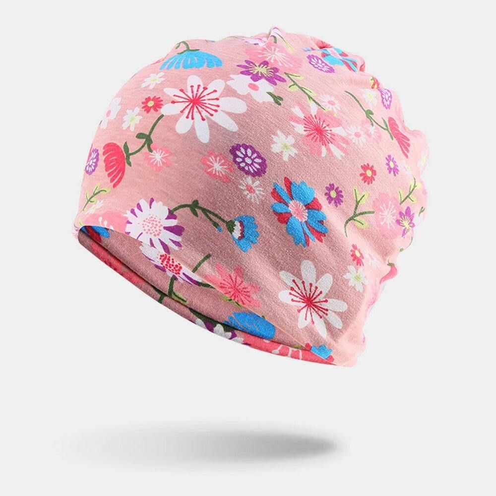 Dames Katoen Gekleurde Bloemenprint Patroon Casual Outdoor Dual-Use Nekbescherming Brimless Beanie