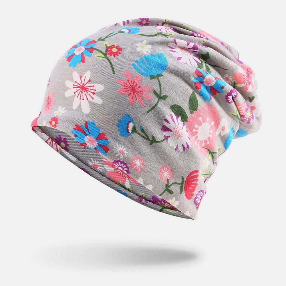 Dames Katoen Gekleurde Bloemenprint Patroon Casual Outdoor Dual-Use Nekbescherming Brimless Beanie