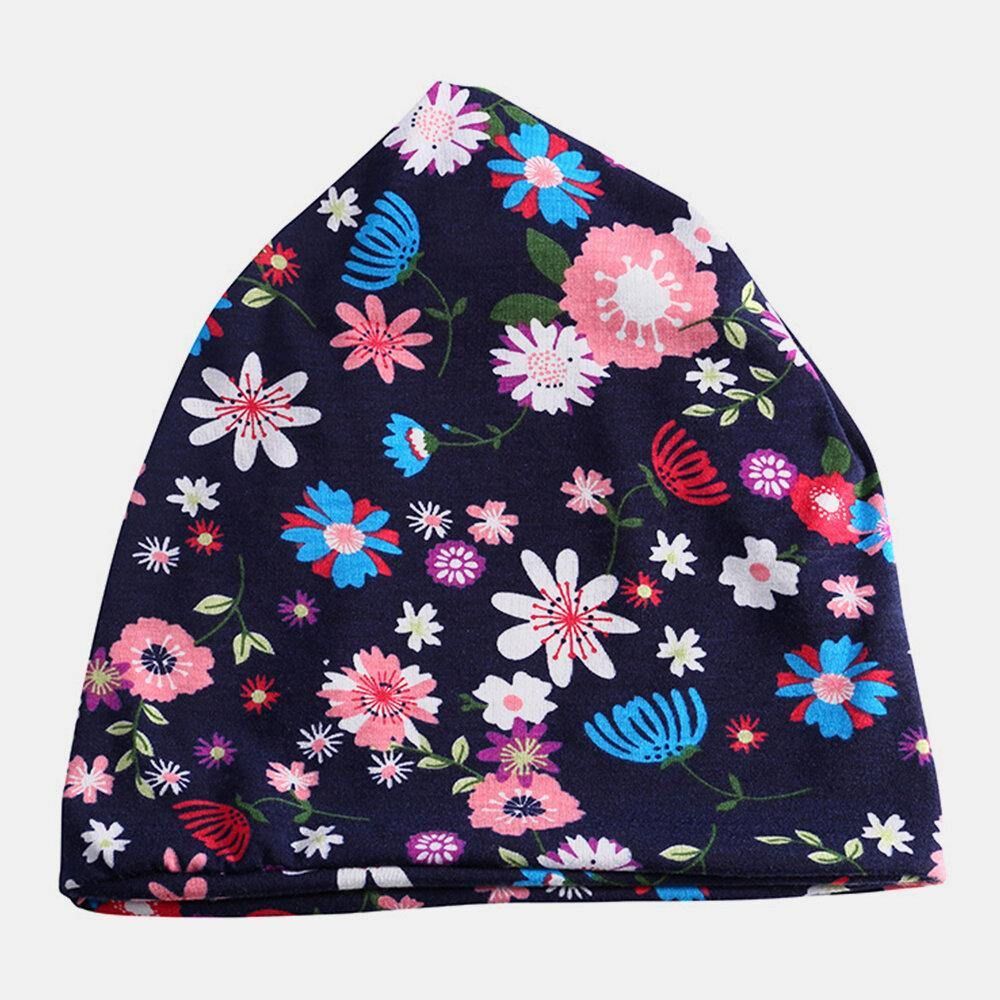 Dames Katoen Gekleurde Bloemenprint Patroon Casual Outdoor Dual-Use Nekbescherming Brimless Beanie