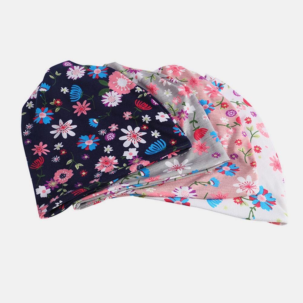 Dames Katoen Gekleurde Bloemenprint Patroon Casual Outdoor Dual-Use Nekbescherming Brimless Beanie