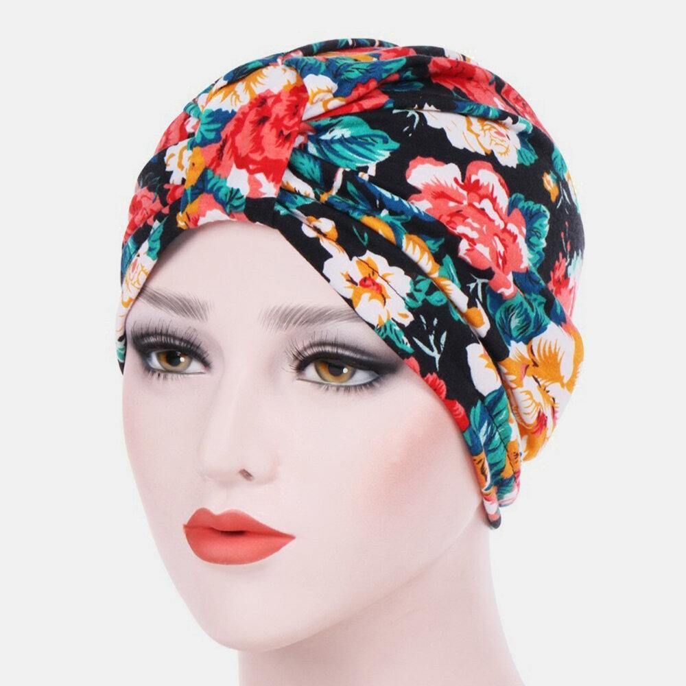 Dames Katoen Kleurrijk Pastoraal Bloemmotief Casual Persoonlijkheid Elastische Brimless Beanie Sjaal