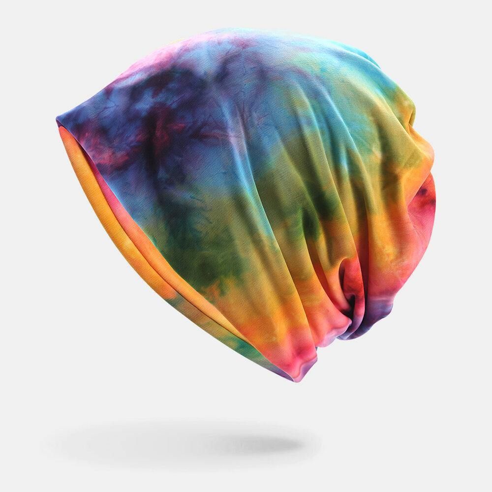 Dames Katoen Tweeërlei Gebruik Tie-Dye Nekbescherming Sjaal Bib Hat Brimless Beanie