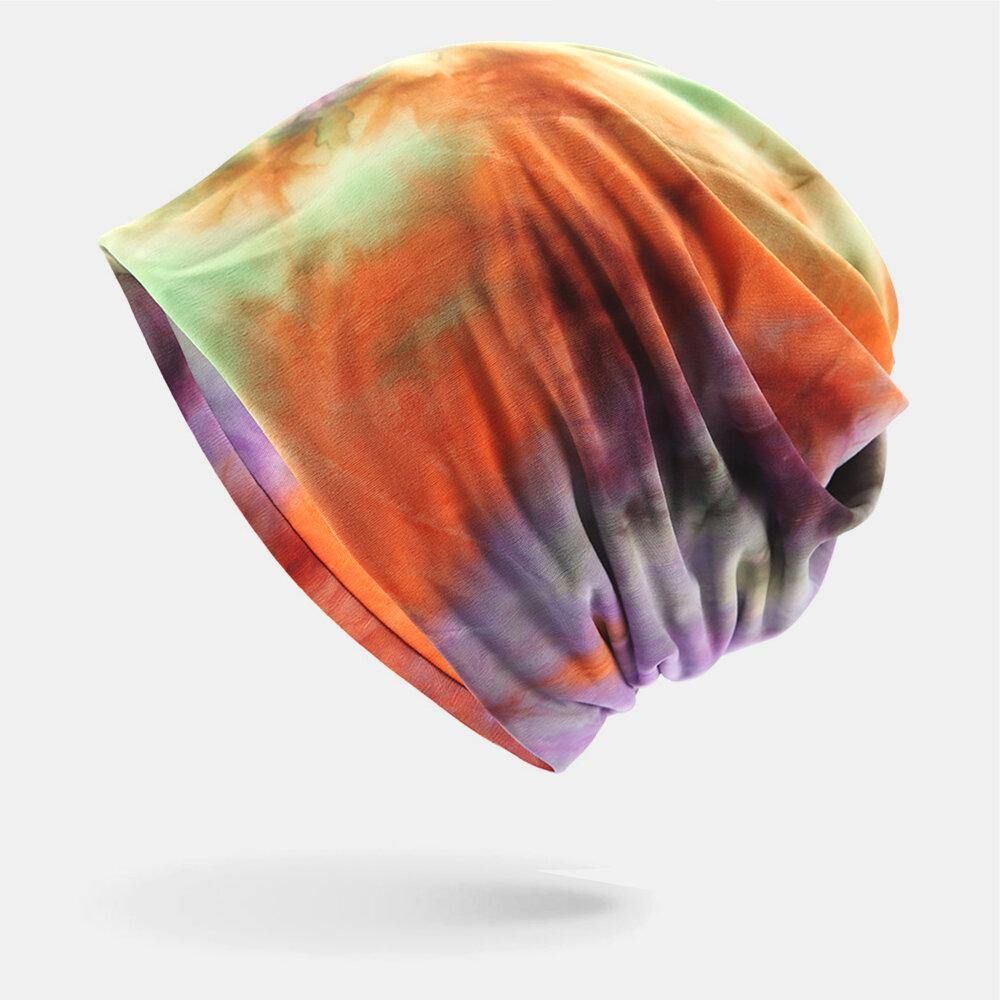 Dames Katoen Tweeërlei Gebruik Tie-Dye Nekbescherming Sjaal Bib Hat Brimless Beanie