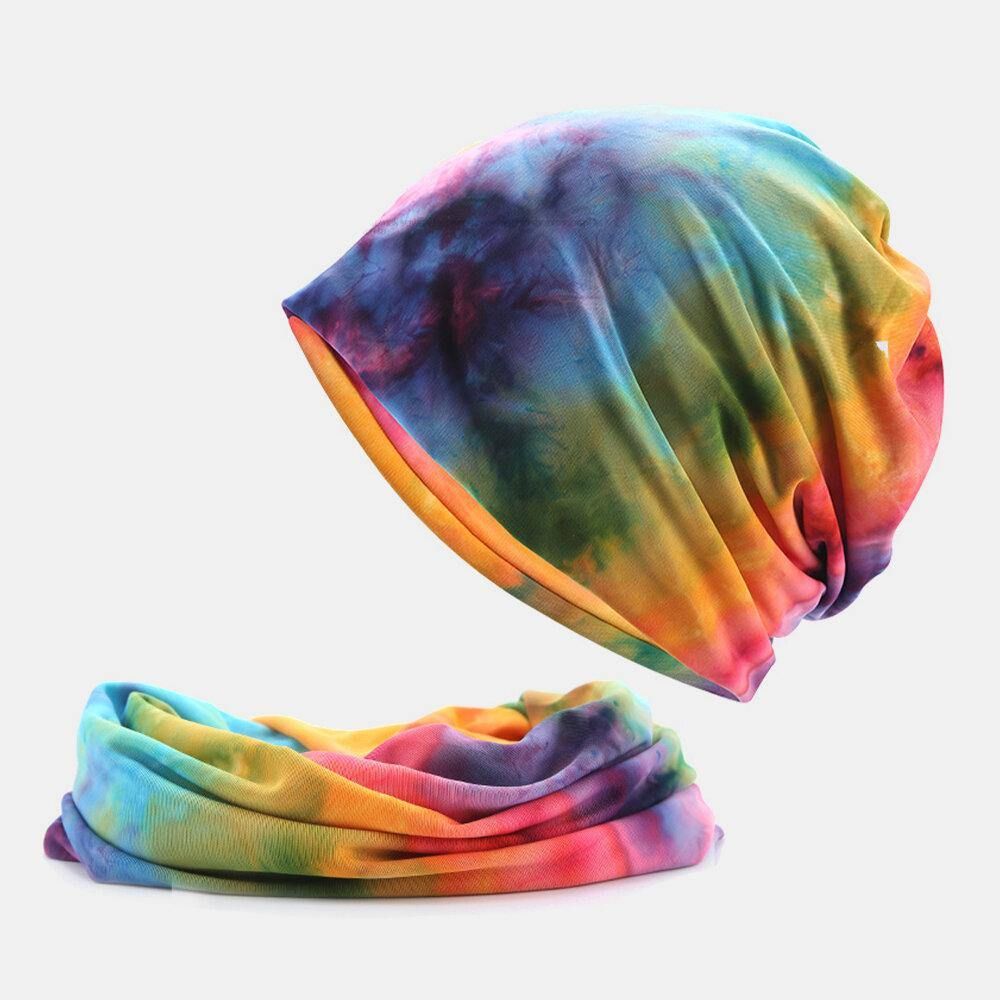 Dames Katoen Tweeërlei Gebruik Tie-Dye Nekbescherming Sjaal Bib Hat Brimless Beanie