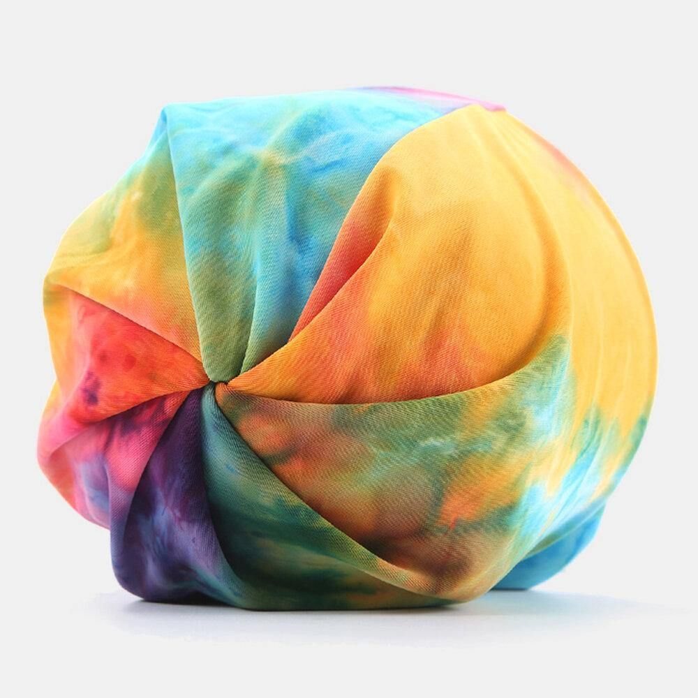 Dames Katoen Tweeërlei Gebruik Tie-Dye Nekbescherming Sjaal Bib Hat Brimless Beanie