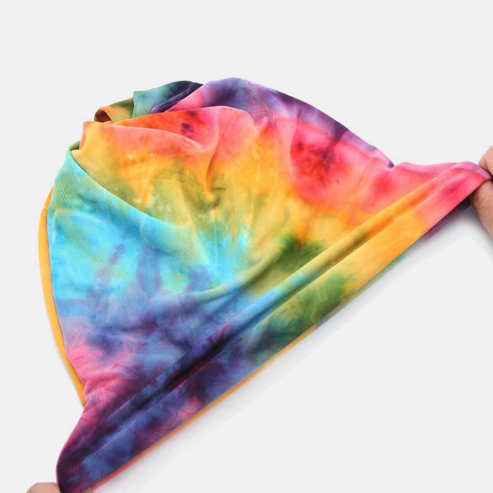 Dames Katoen Tweeërlei Gebruik Tie-Dye Nekbescherming Sjaal Bib Hat Brimless Beanie