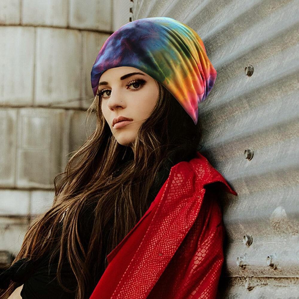 Dames Katoen Tweeërlei Gebruik Tie-Dye Nekbescherming Sjaal Bib Hat Brimless Beanie