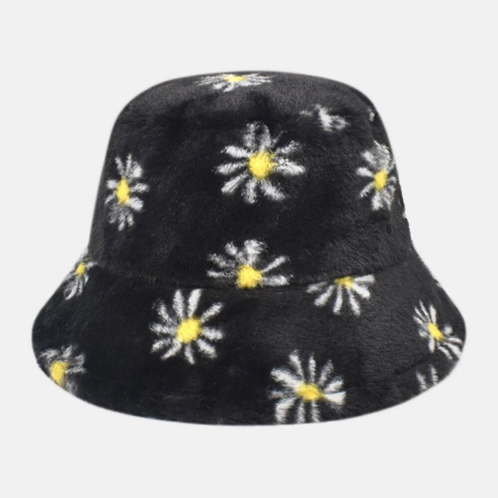 Dames Lamshaar Zacht Warm Plus Dikker Casual All-Match Cute Daisy Flower Pattern Bucket Hat