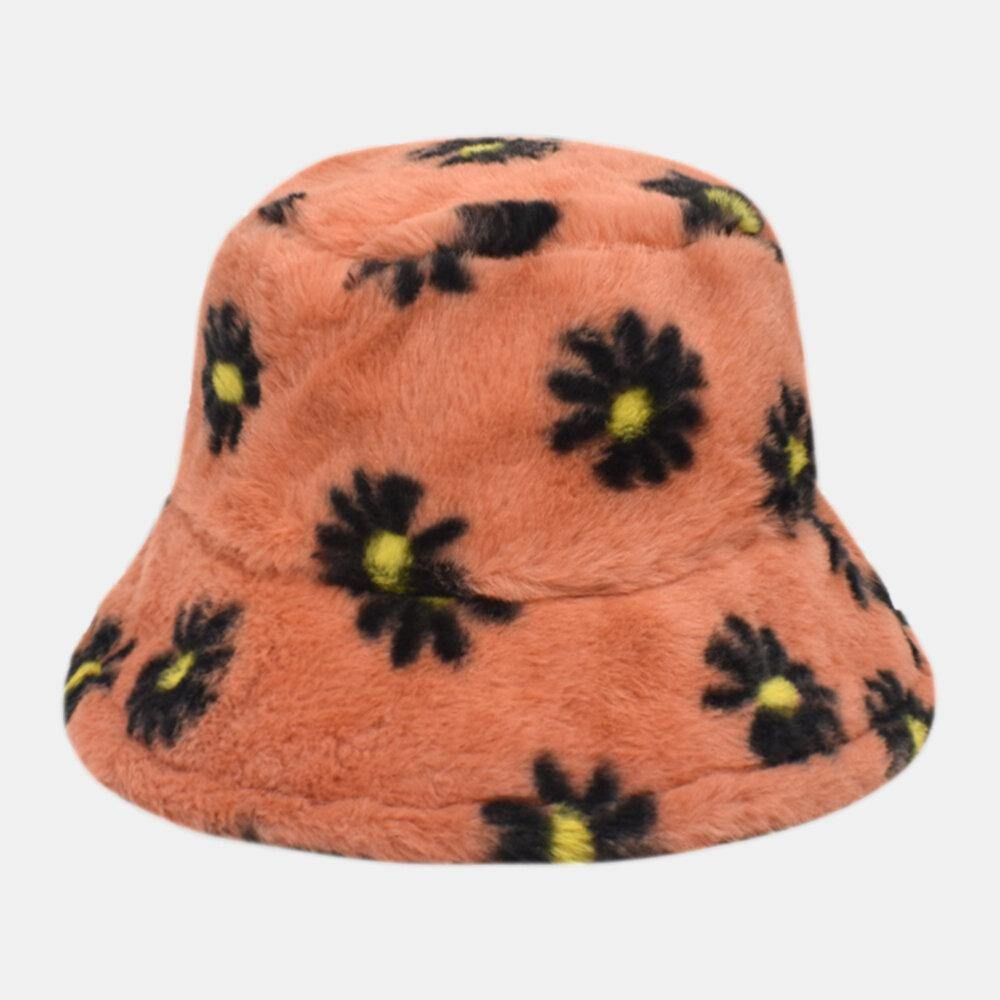 Dames Lamshaar Zacht Warm Plus Dikker Casual All-Match Cute Daisy Flower Pattern Bucket Hat