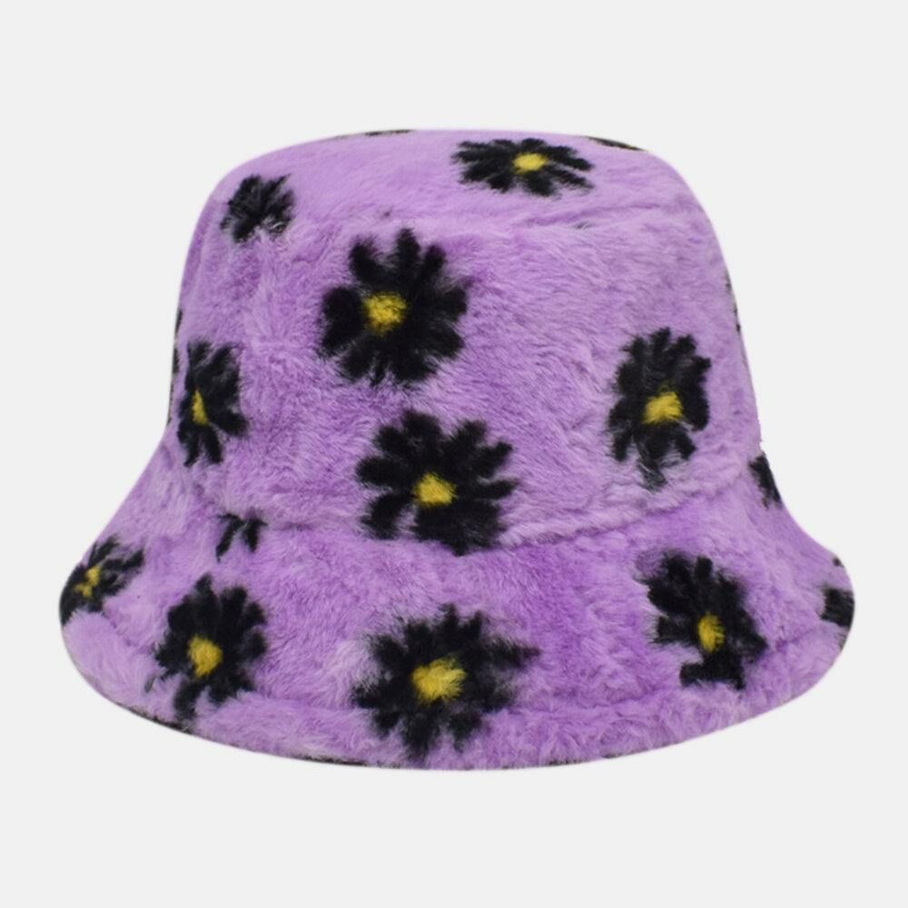 Dames Lamshaar Zacht Warm Plus Dikker Casual All-Match Cute Daisy Flower Pattern Bucket Hat