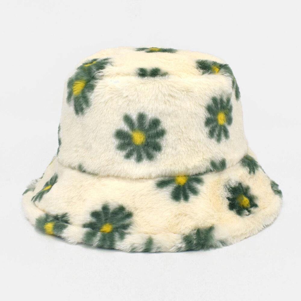 Dames Lamshaar Zacht Warm Plus Dikker Casual All-Match Cute Daisy Flower Pattern Bucket Hat