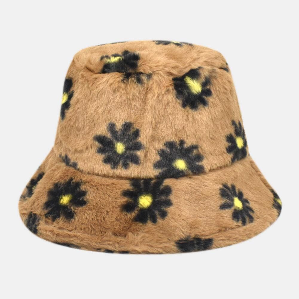 Dames Lamshaar Zacht Warm Plus Dikker Casual All-Match Cute Daisy Flower Pattern Bucket Hat