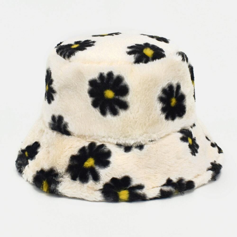 Dames Lamshaar Zacht Warm Plus Dikker Casual All-Match Cute Daisy Flower Pattern Bucket Hat