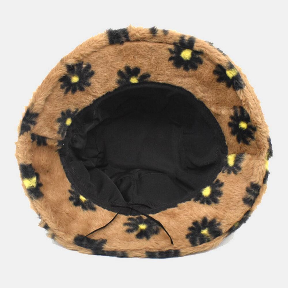 Dames Lamshaar Zacht Warm Plus Dikker Casual All-Match Cute Daisy Flower Pattern Bucket Hat