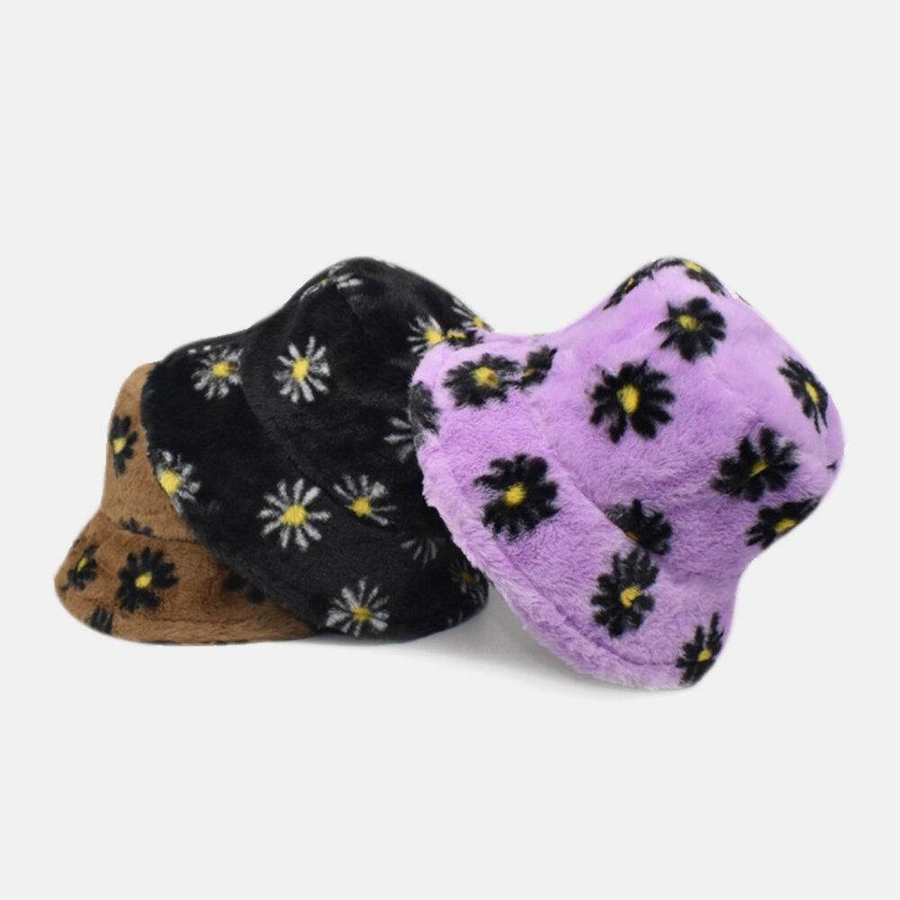 Dames Lamshaar Zacht Warm Plus Dikker Casual All-Match Cute Daisy Flower Pattern Bucket Hat