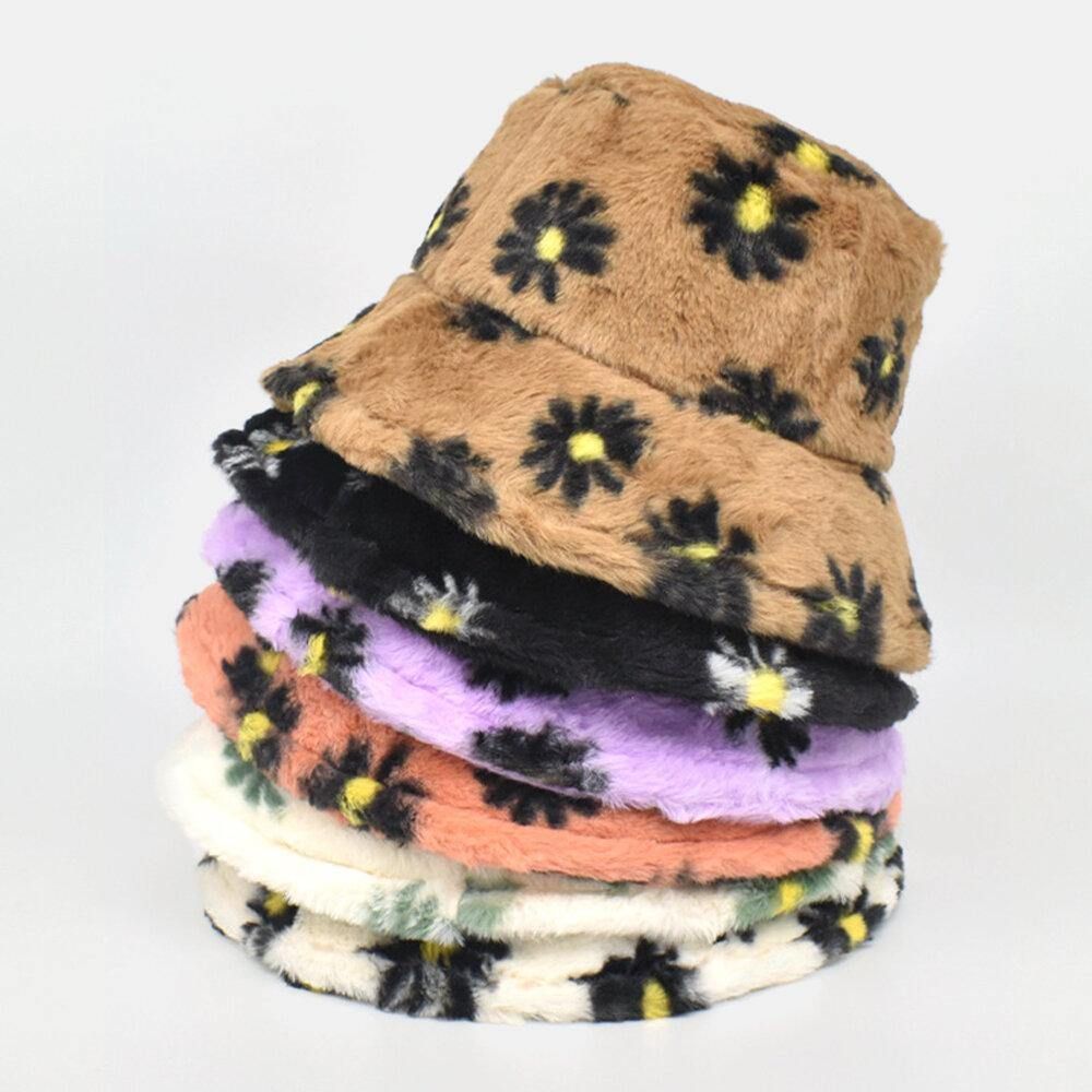 Dames Lamshaar Zacht Warm Plus Dikker Casual All-Match Cute Daisy Flower Pattern Bucket Hat