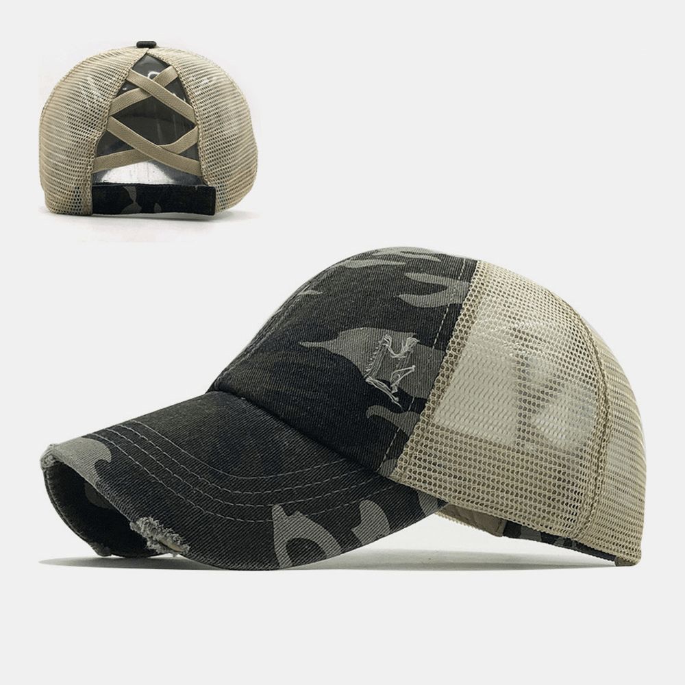 Unisex Camouflage Stretch Fit Cap Mesh Ademend Trucker Hat Cross Paardenstaart Baseball Cap