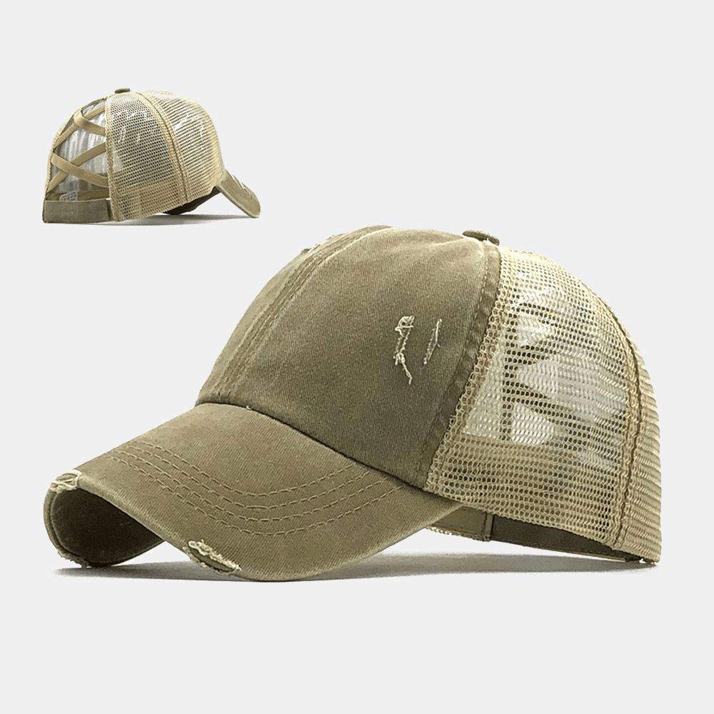 Unisex Camouflage Stretch Fit Cap Mesh Ademend Trucker Hat Cross Paardenstaart Baseball Cap