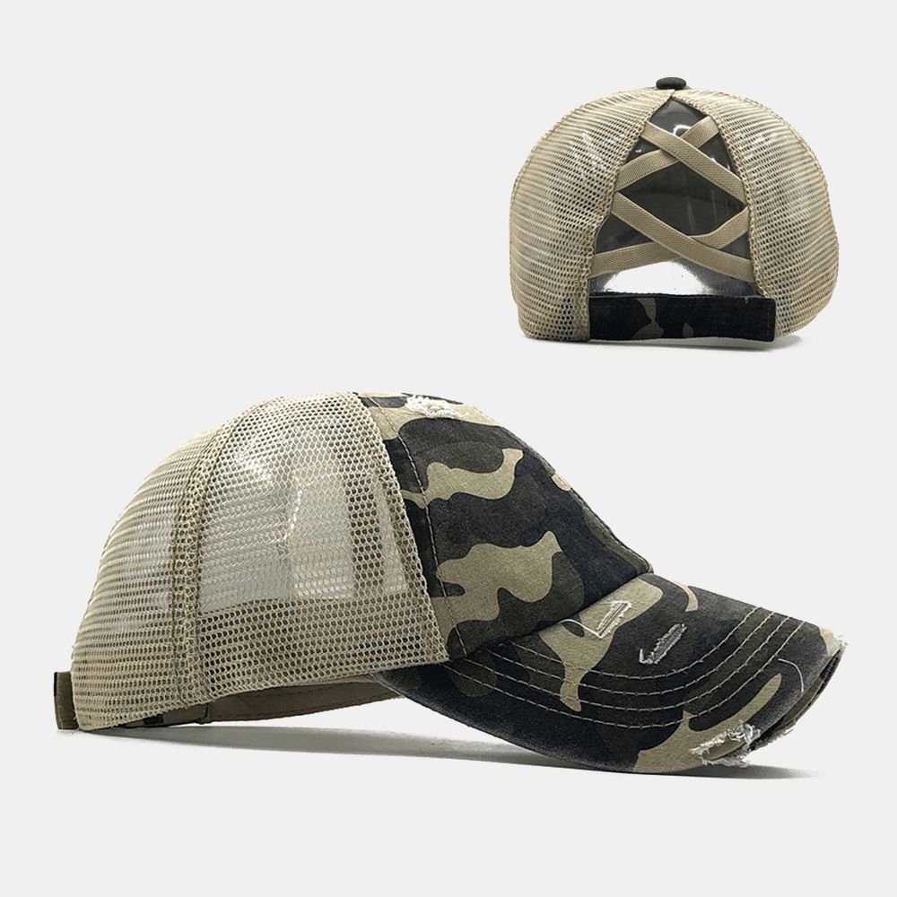 Unisex Camouflage Stretch Fit Cap Mesh Ademend Trucker Hat Cross Paardenstaart Baseball Cap