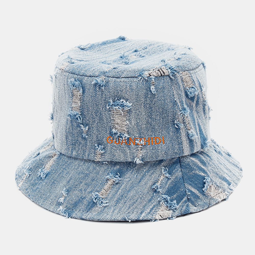 Unisex Denim Letterpatroon Borduurwerk Beschadigd Gemaakt-Ouderwetse Bucket Hat