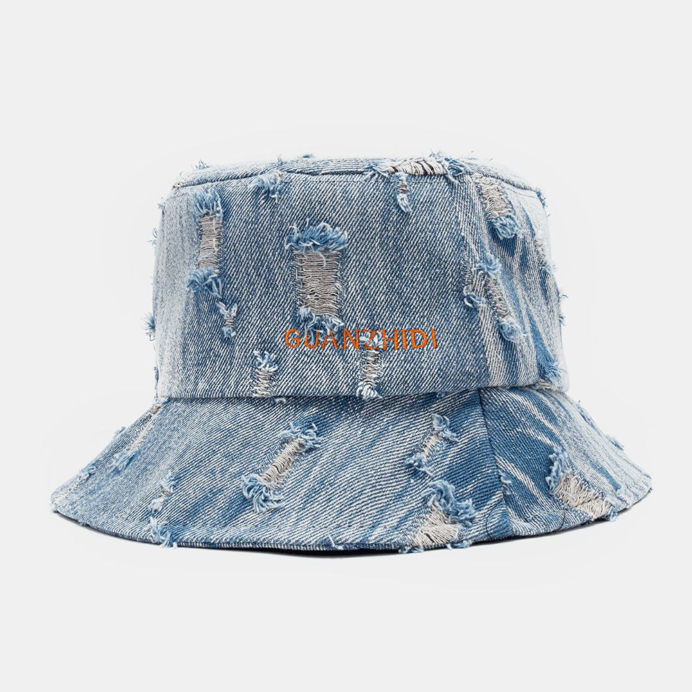 Unisex Denim Letterpatroon Borduurwerk Beschadigd Gemaakt-Ouderwetse Bucket Hat