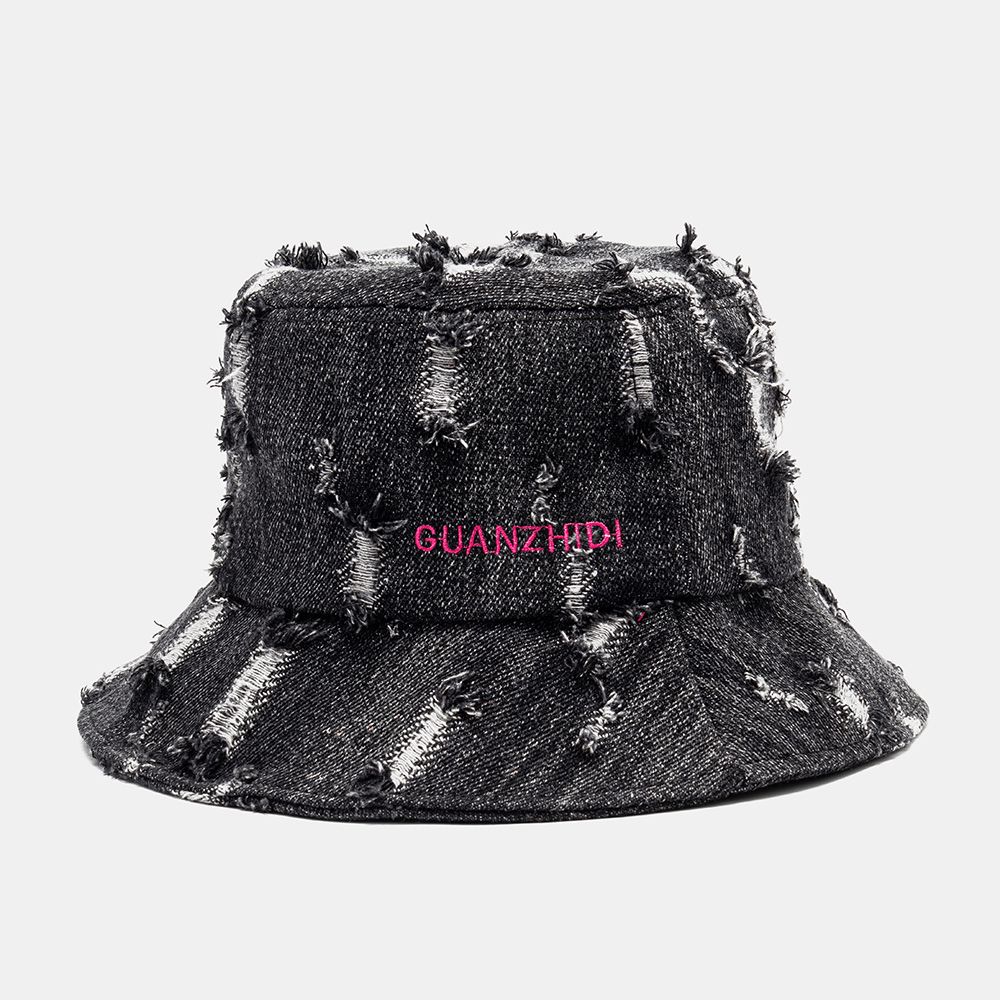 Unisex Denim Letterpatroon Borduurwerk Beschadigd Gemaakt-Ouderwetse Bucket Hat