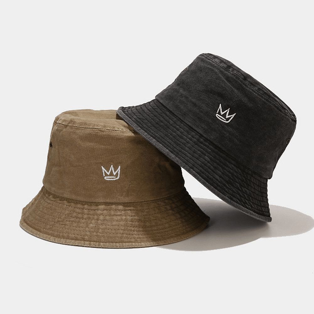 Unisex Gewassen Made-Old Bucket Hat Cotton Crown Patroon Borduurwerk Eenvoudige Zonnescherm Hat