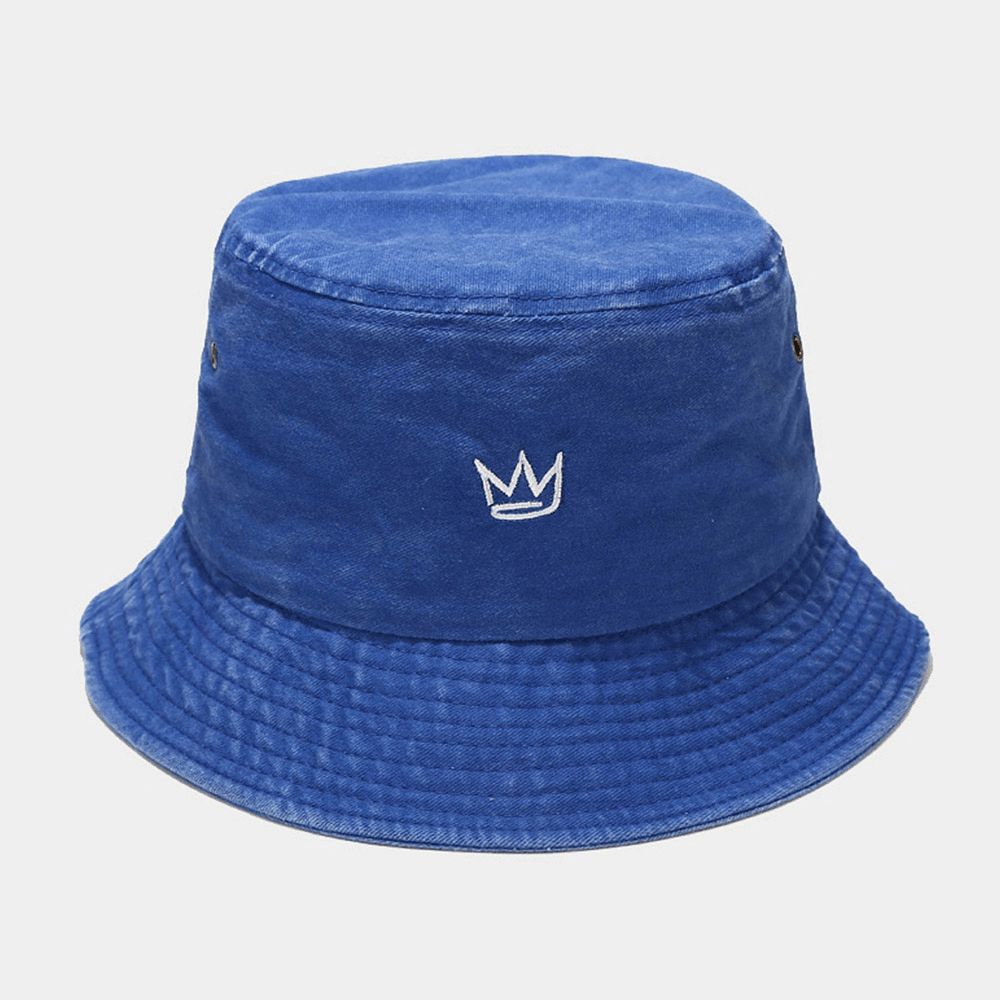 Unisex Gewassen Made-Old Bucket Hat Cotton Crown Patroon Borduurwerk Eenvoudige Zonnescherm Hat