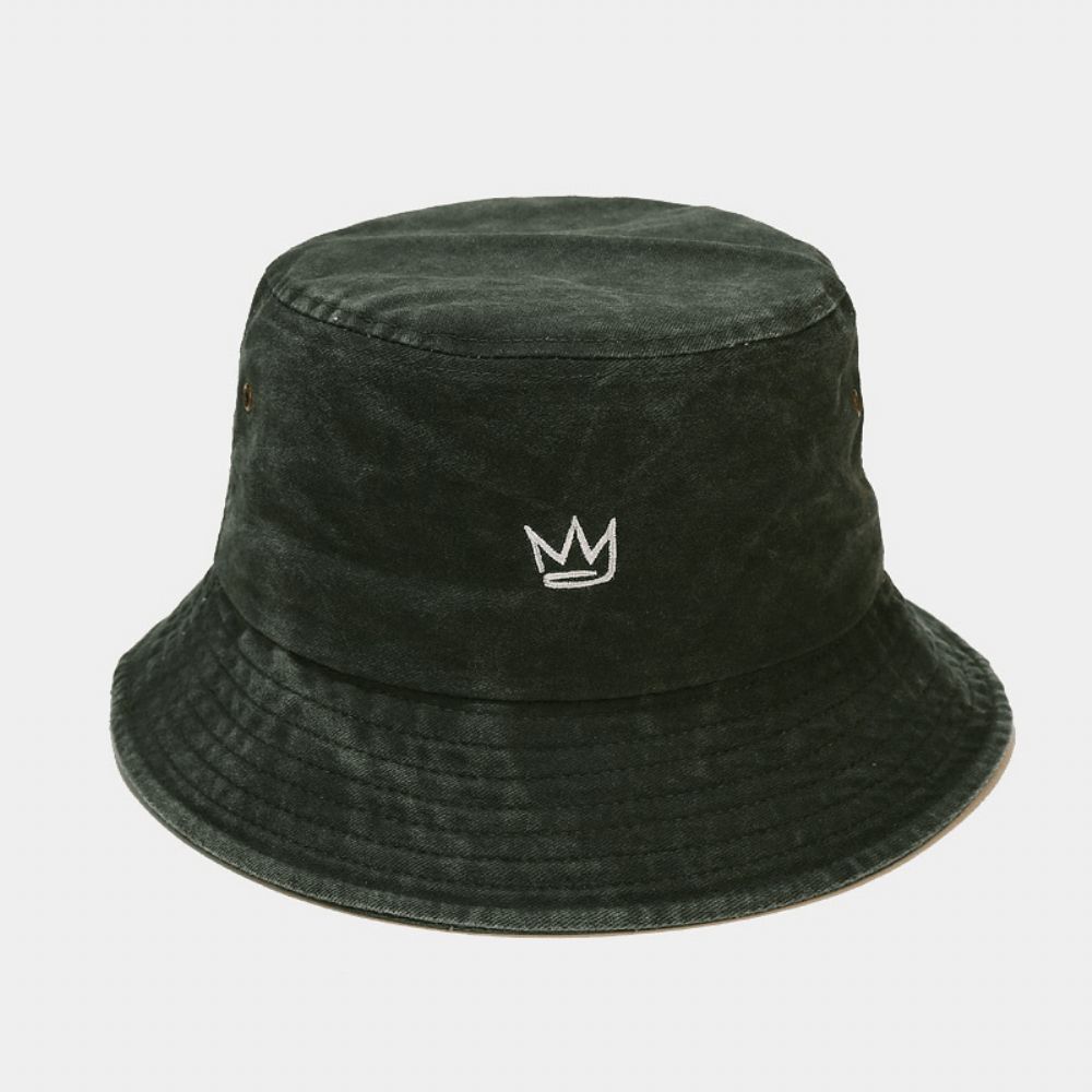 Unisex Gewassen Made-Old Bucket Hat Cotton Crown Patroon Borduurwerk Eenvoudige Zonnescherm Hat