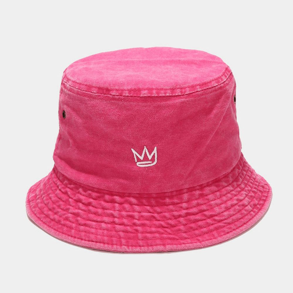 Unisex Gewassen Made-Old Bucket Hat Cotton Crown Patroon Borduurwerk Eenvoudige Zonnescherm Hat