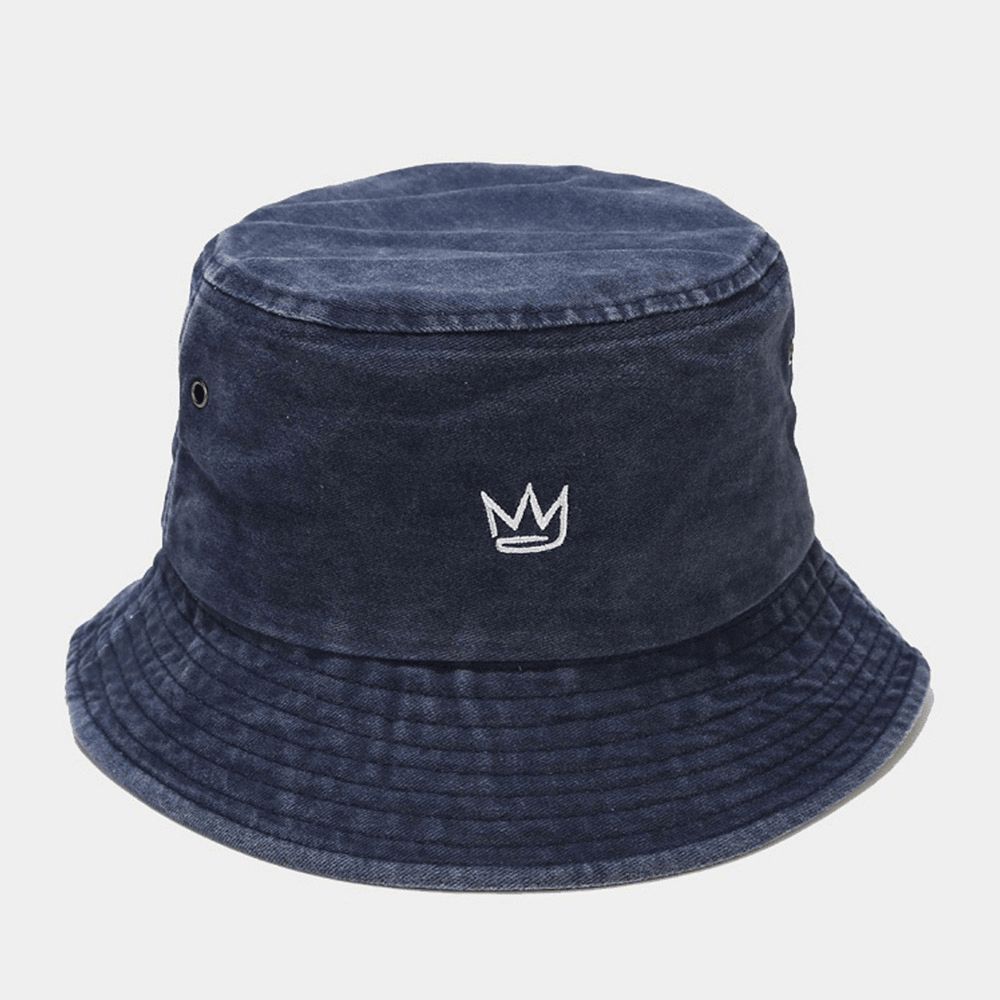 Unisex Gewassen Made-Old Bucket Hat Cotton Crown Patroon Borduurwerk Eenvoudige Zonnescherm Hat