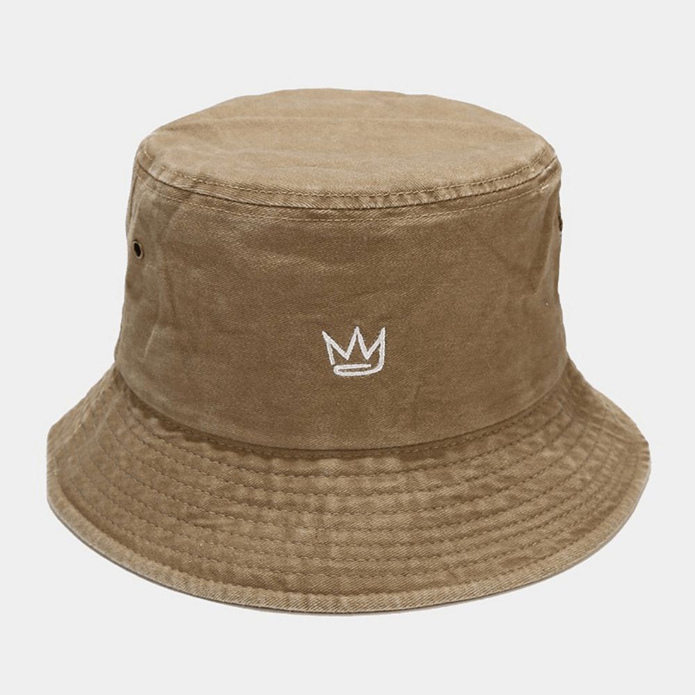 Unisex Gewassen Made-Old Bucket Hat Cotton Crown Patroon Borduurwerk Eenvoudige Zonnescherm Hat