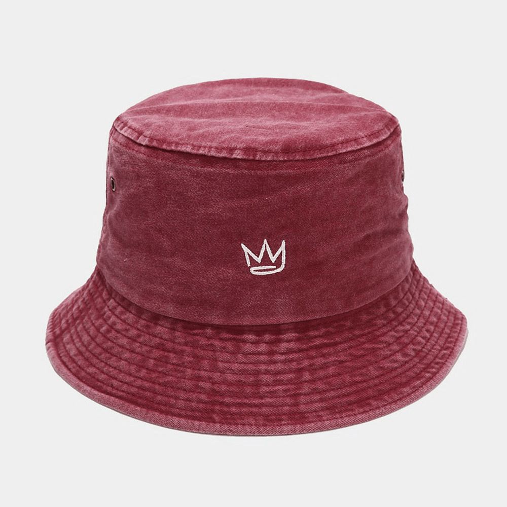 Unisex Gewassen Made-Old Bucket Hat Cotton Crown Patroon Borduurwerk Eenvoudige Zonnescherm Hat