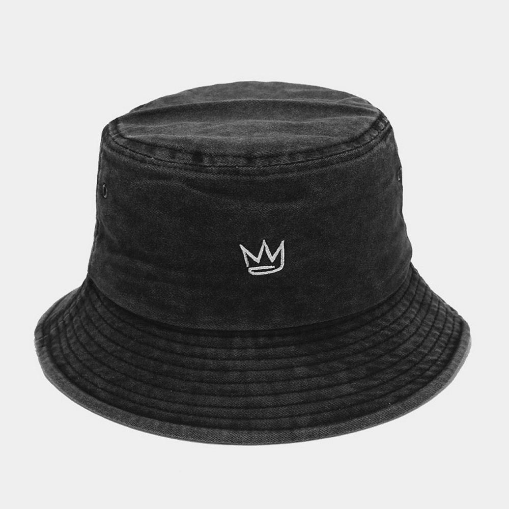 Unisex Gewassen Made-Old Bucket Hat Cotton Crown Patroon Borduurwerk Eenvoudige Zonnescherm Hat