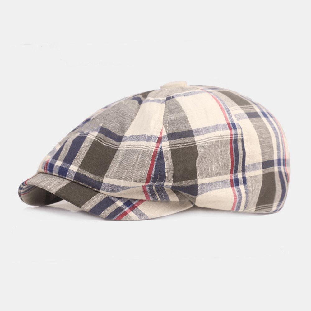 Unisex Katoenen Baret Pet Geruit Patroon Casual Retro Zonnescherm Krantenverkoper Hoed Vooruit Pet Achthoekige Hoed